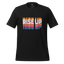 Bold “Rise Up” text in 70s-style rainbow lettering — vintage-inspired protest design with modern rebellious soul and retro flair

