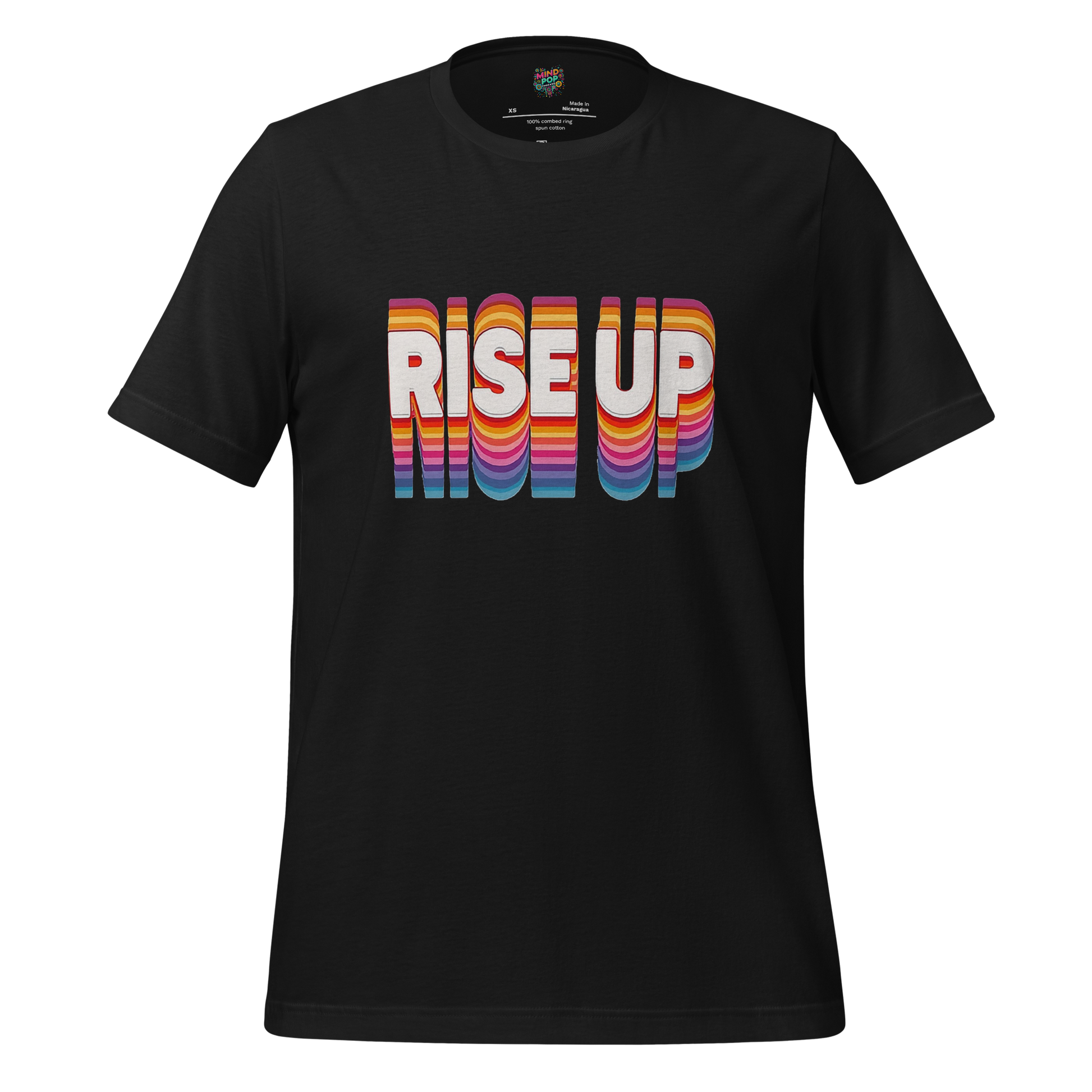 Bold “Rise Up” text in 70s-style rainbow lettering — vintage-inspired protest design with modern rebellious soul and retro flair

