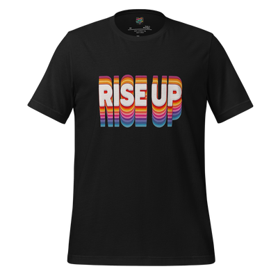 Bold “Rise Up” text in 70s-style rainbow lettering — vintage-inspired protest design with modern rebellious soul and retro flair

