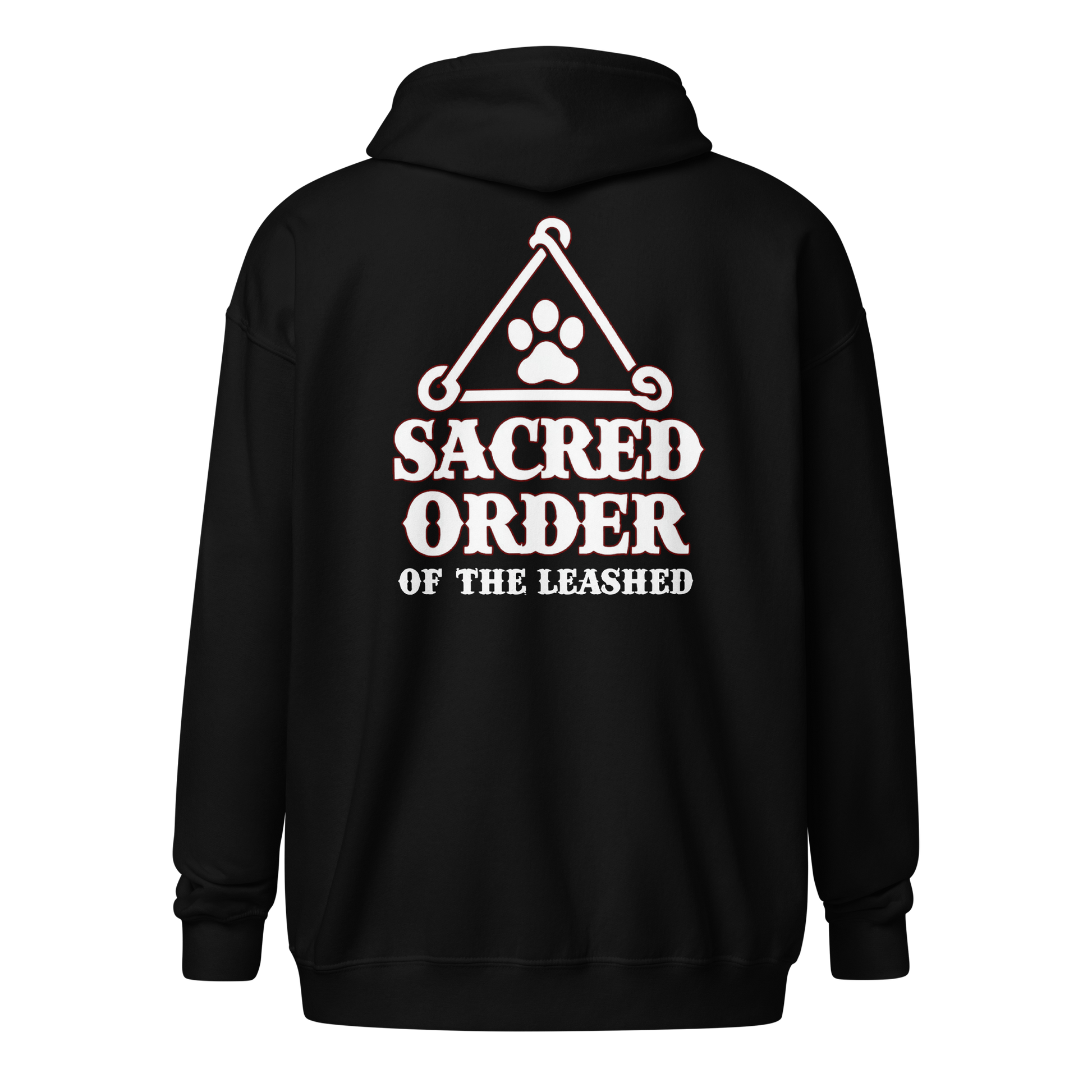 Zip-up hoodie with “Sacred Order of the Leashed” cult-style design featuring a mystical dog emblem—perfect for loyal pets and their humans