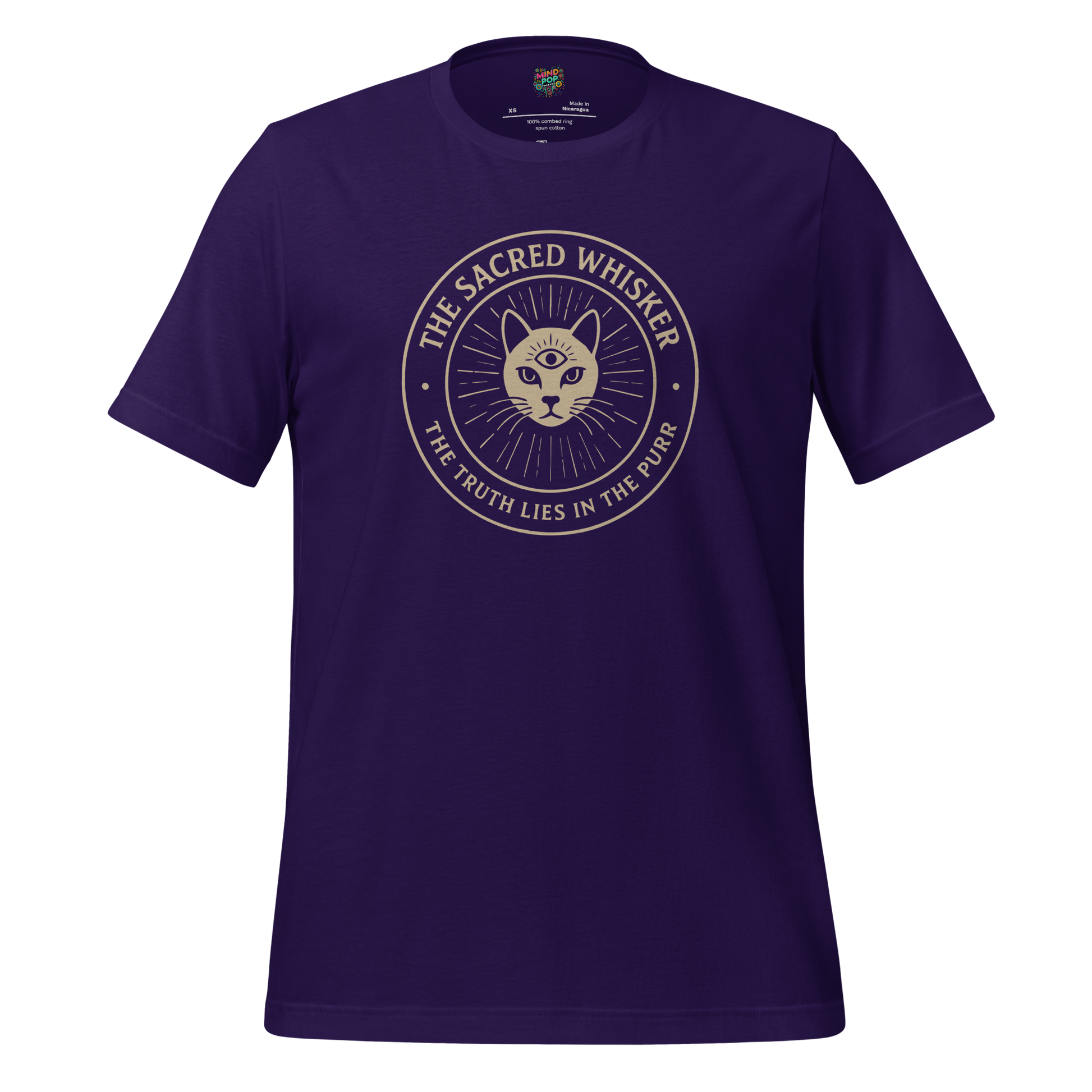 Funny cat cult shirt with mystical feline design and the phrase “The Sacred Whisker” — perfect for floof worshippers and litter box disciples