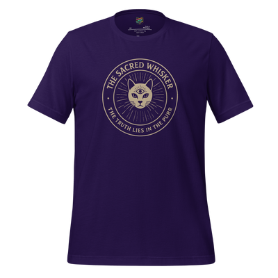Funny cat cult shirt with mystical feline design and the phrase “The Sacred Whisker” — perfect for floof worshippers and litter box disciples