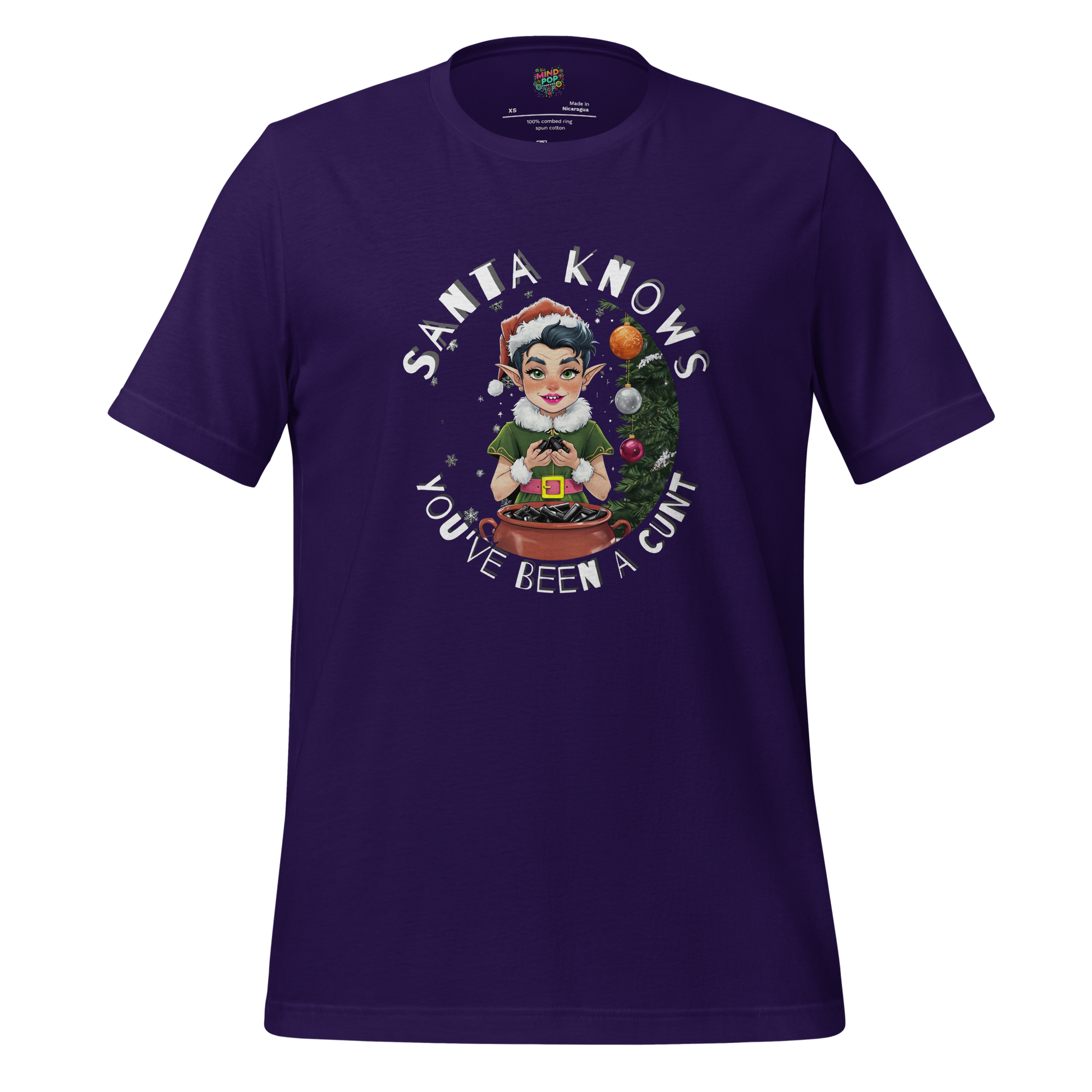 Smirking elf holding a lump of coal with text “Santa Knows… You’ve Been a Cunt” — brutally honest holiday shirt with savage Christmas humor
