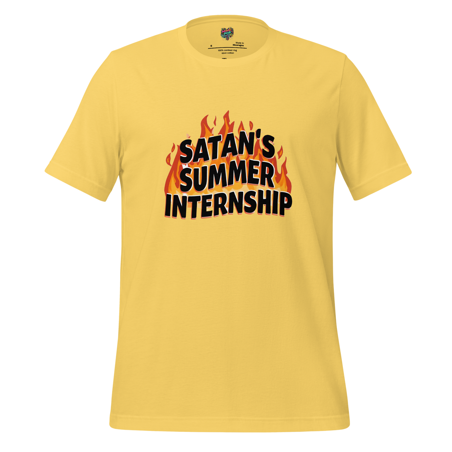 Text-only design reading “Satan’s Summer Internship” with flaming typography — fiery, funny burnout shirt for the chronically underpaid and overheated
