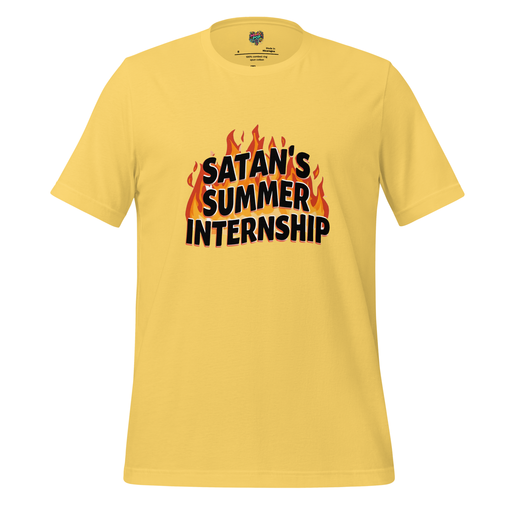 Text-only design reading “Satan’s Summer Internship” with flaming typography — fiery, funny burnout shirt for the chronically underpaid and overheated
