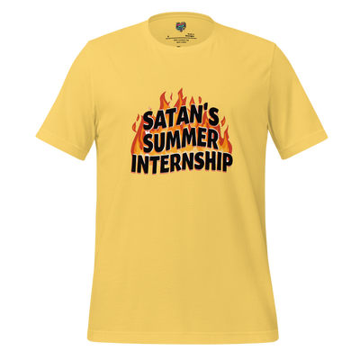Text-only design reading “Satan’s Summer Internship” with flaming typography — fiery, funny burnout shirt for the chronically underpaid and overheated
