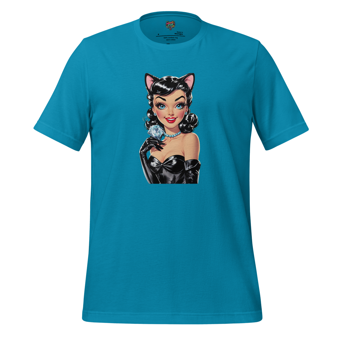 Illustrated shirt featuring a confident, stylish woman surrounded by admiring cats — no text, just bold graphic art celebrating unapologetic cat lady energy