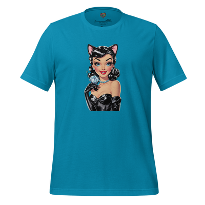 Illustrated shirt featuring a confident, stylish woman surrounded by admiring cats — no text, just bold graphic art celebrating unapologetic cat lady energy
