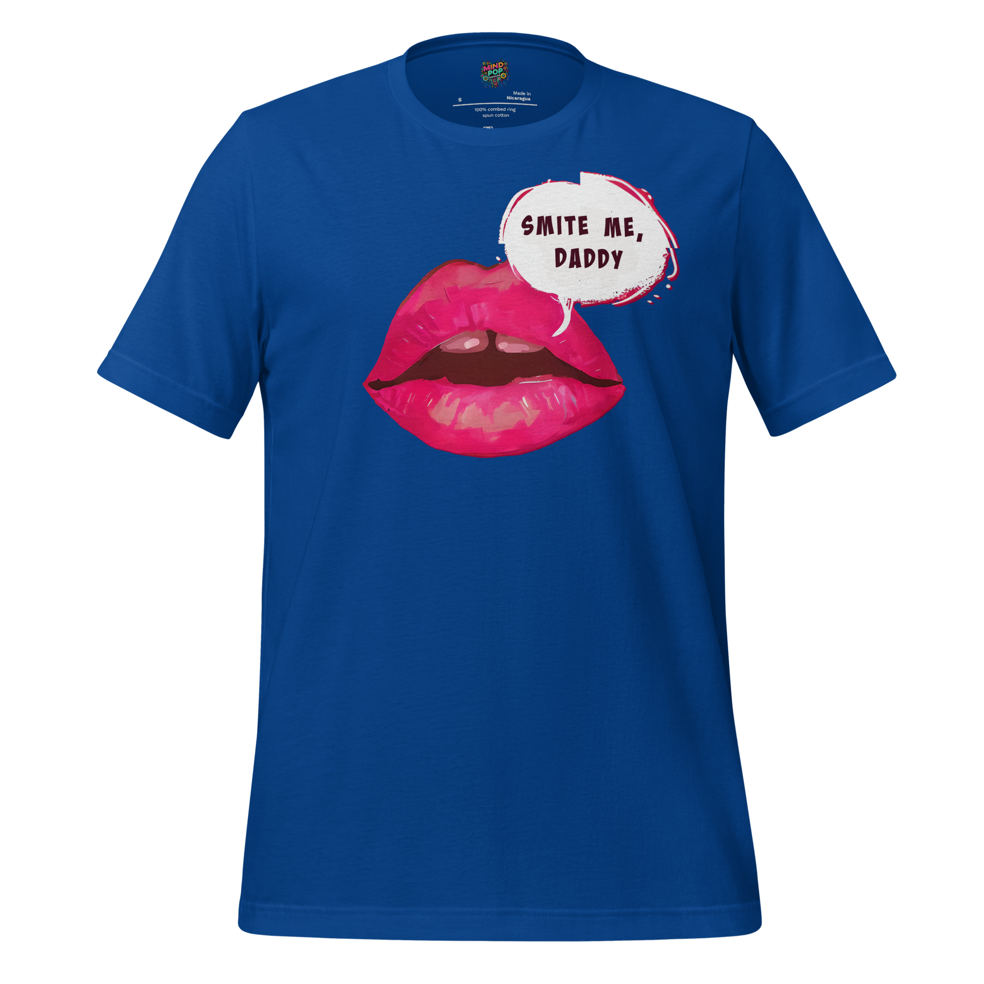Bold graphic of lips with lightning and text “Smite Me Daddy” — irreverent design blending divine wrath and chaotic thirst with snarky style
