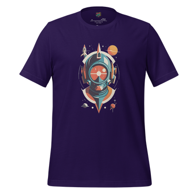 Vintage-style shirt with 1930s-inspired graphic of a retro space man in bubble helmet and raygun — no text, classic sci-fi design with bold lines and cosmic flair