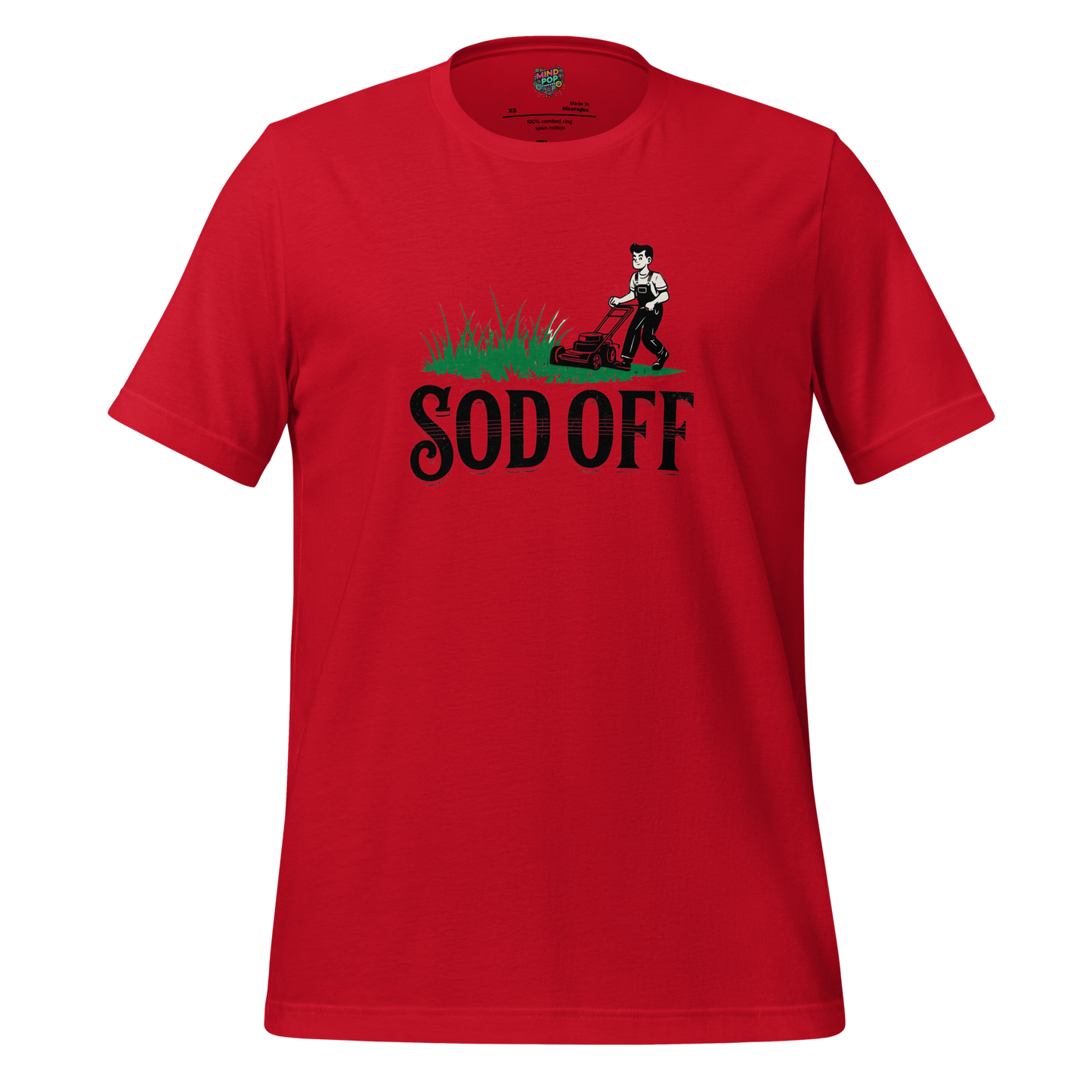 Text reading “Spring Sod Off” with sarcastic lawncare theme — British insult meets springtime introversion in bold, funny style
