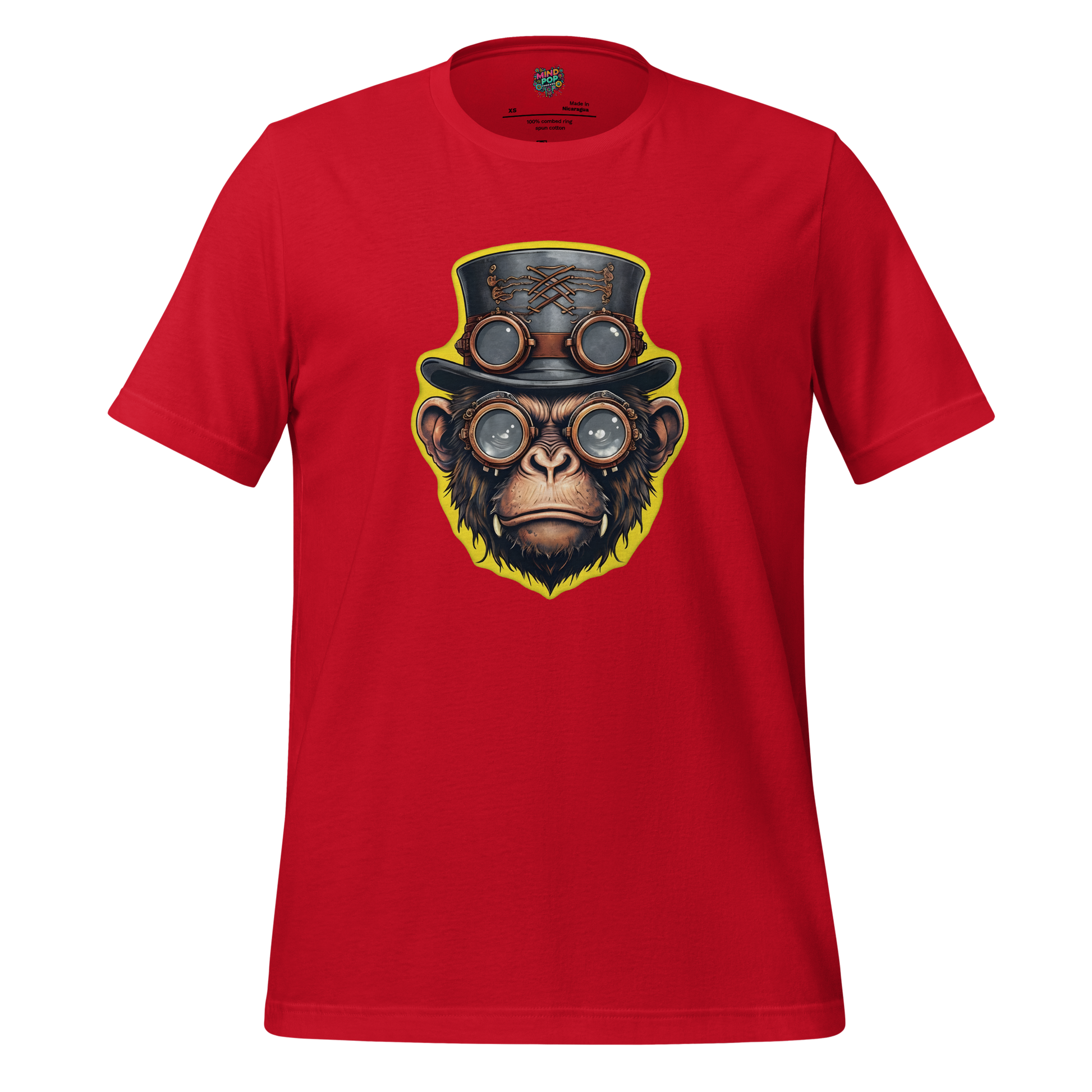 Graphic-only design of a steampunk monkey in top hat and goggles with gears — vintage sci-fi aesthetic for mischievous time-travelers
