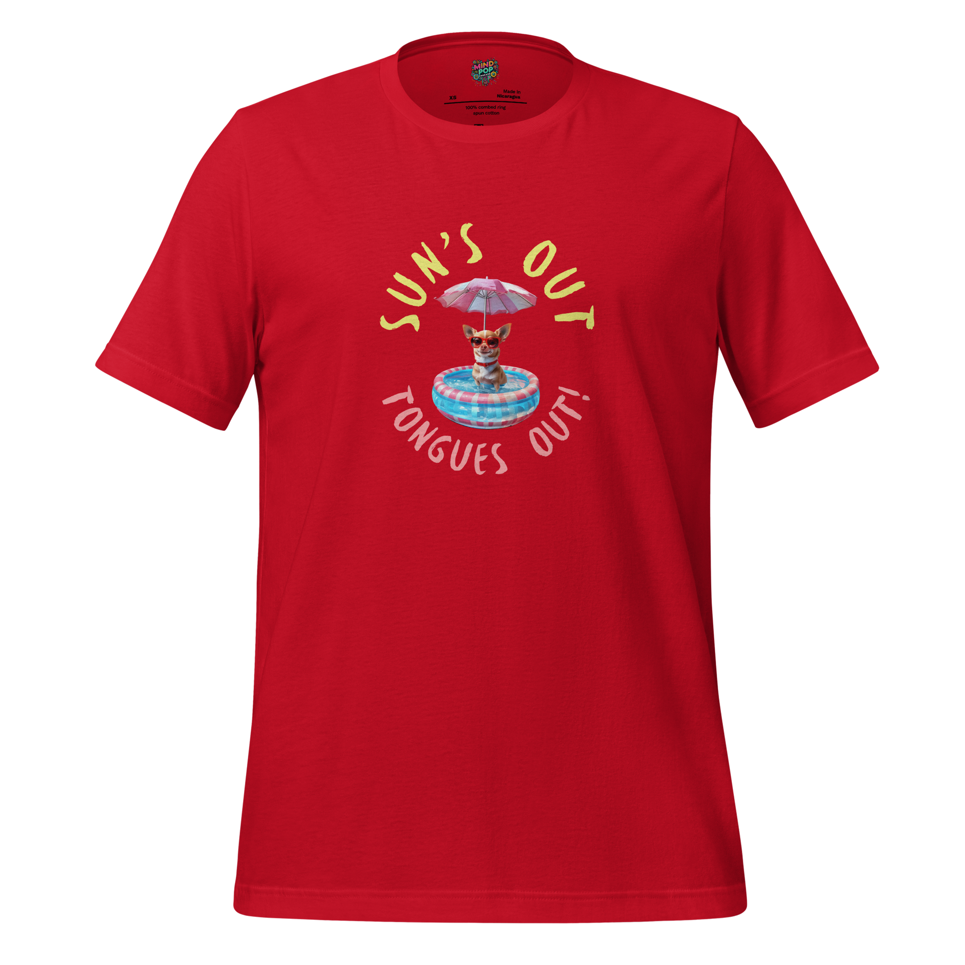 Oversized cartoon dog with tongue out in sunny scene — playful summer shirt celebrating happy pups and warm-weather chaos
