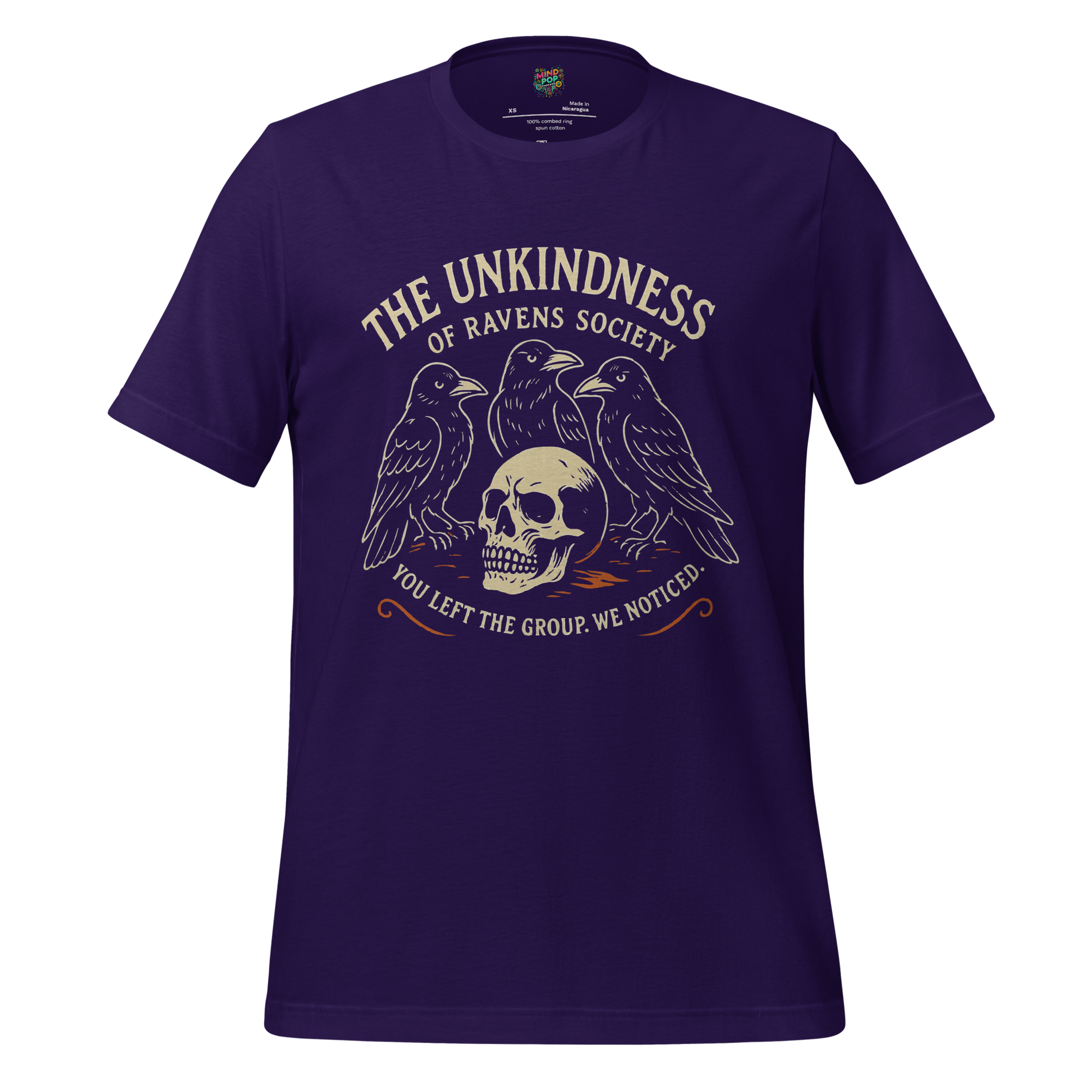 Dark raven cult shirt with eerie minimalist design and the phrase “We noticed you left” — perfect for gothic bird lovers and cryptic introverts