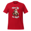 Cartoon Santa Claus with a boozy grin, holding a drink and looking unbothered under the text “Too Lit to Quit” — funny Christmas party shirt with festive chaos

