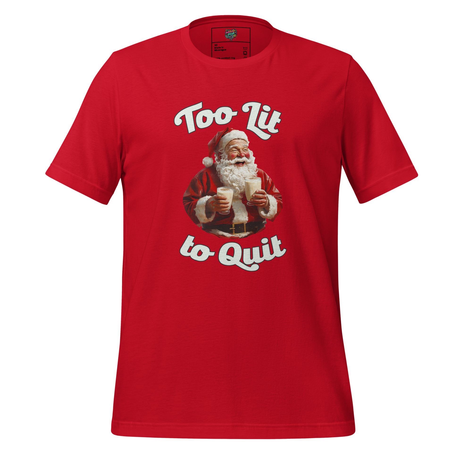 Cartoon Santa Claus with a boozy grin, holding a drink and looking unbothered under the text “Too Lit to Quit” — funny Christmas party shirt with festive chaos
