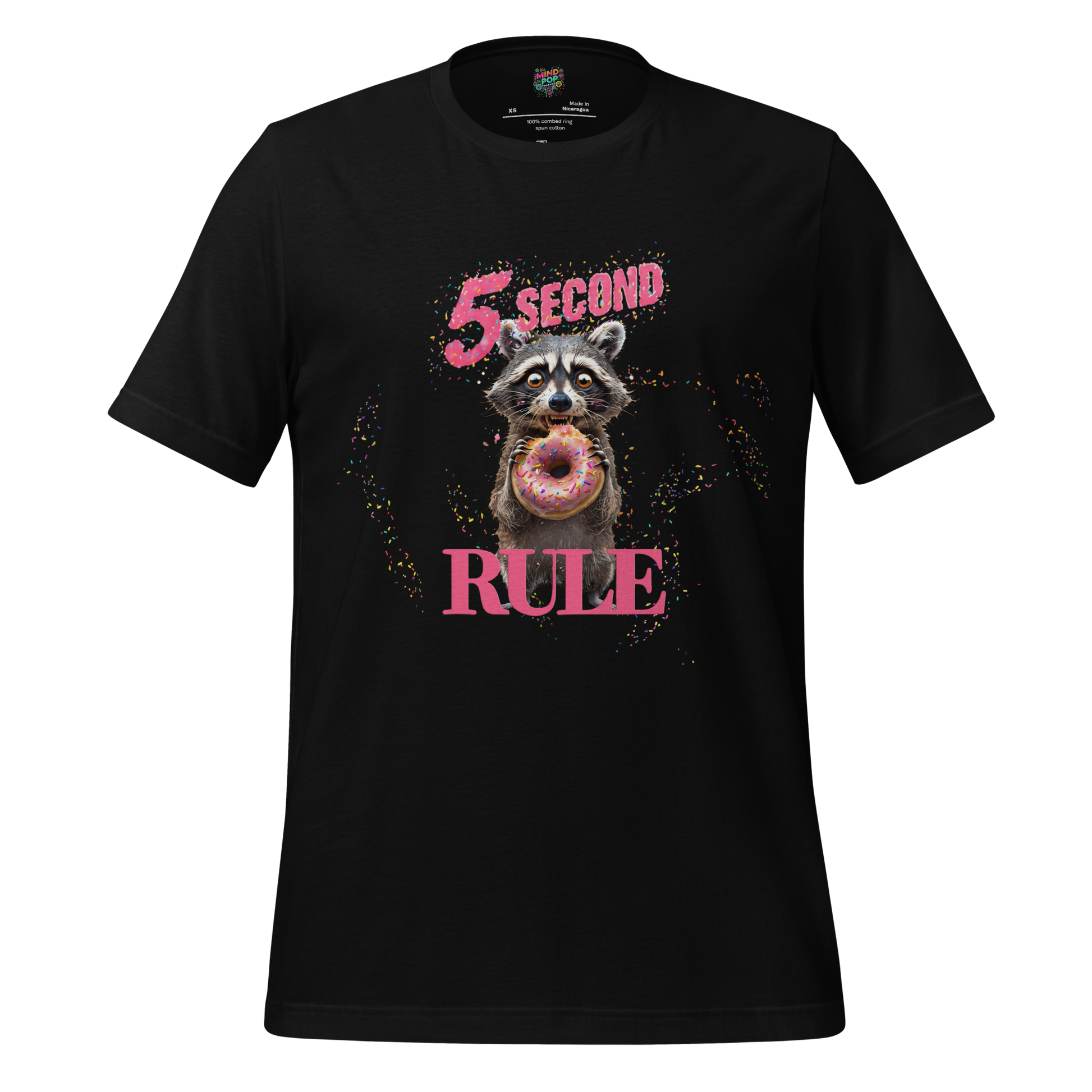 Cartoon raccoon with garbage lid and mischievous grin — funny “Trash Panda” shirt for snack goblins and raccoon lovers who live by the 5 second rule
