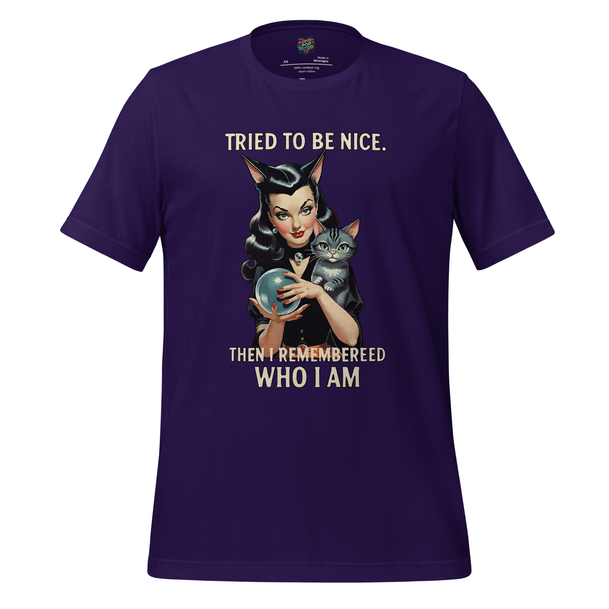 Retro-style pin-up witch with black cat and text “Tried to be nice. Then I remembered who I am.” — vintage Halloween design with sass and spellcraft
