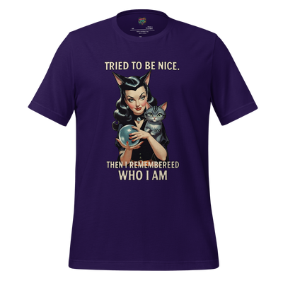 Retro-style pin-up witch with black cat and text “Tried to be nice. Then I remembered who I am.” — vintage Halloween design with sass and spellcraft
