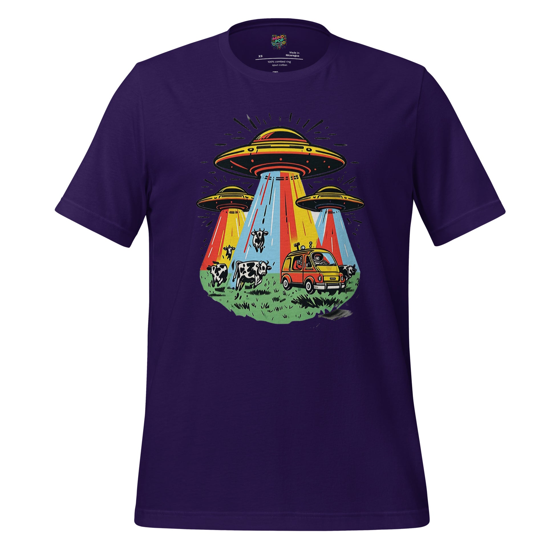 Graphic-only alien invasion shirt with three UFOs hovering over a field, beaming up cows — no text, just bold illustration of extraterrestrial chaos