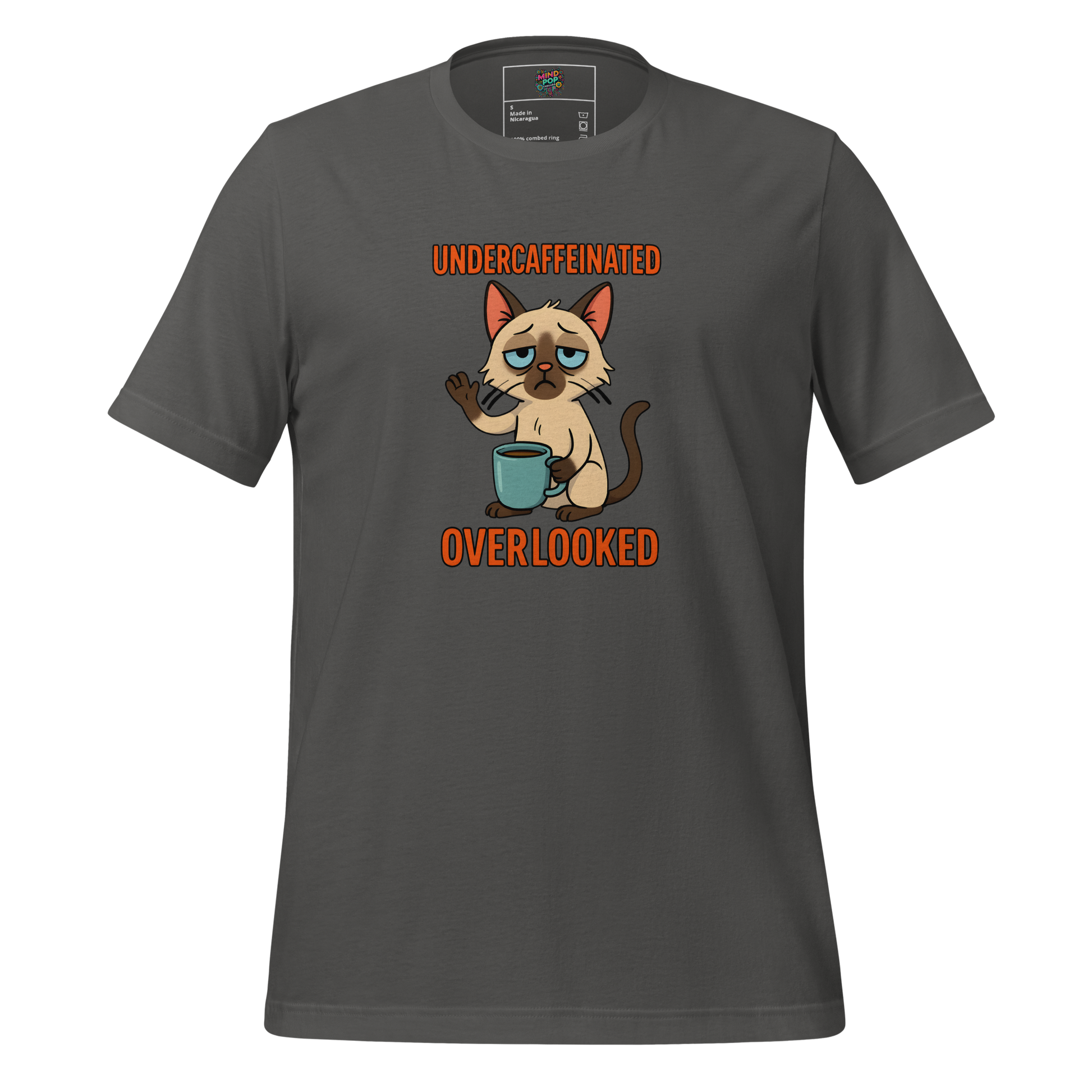 Funny cat shirt featuring a tired office cat slumped over a coffee mug with the words “Undercaffeinated / Overlooked” — sarcastic workwear for the chronically ignored