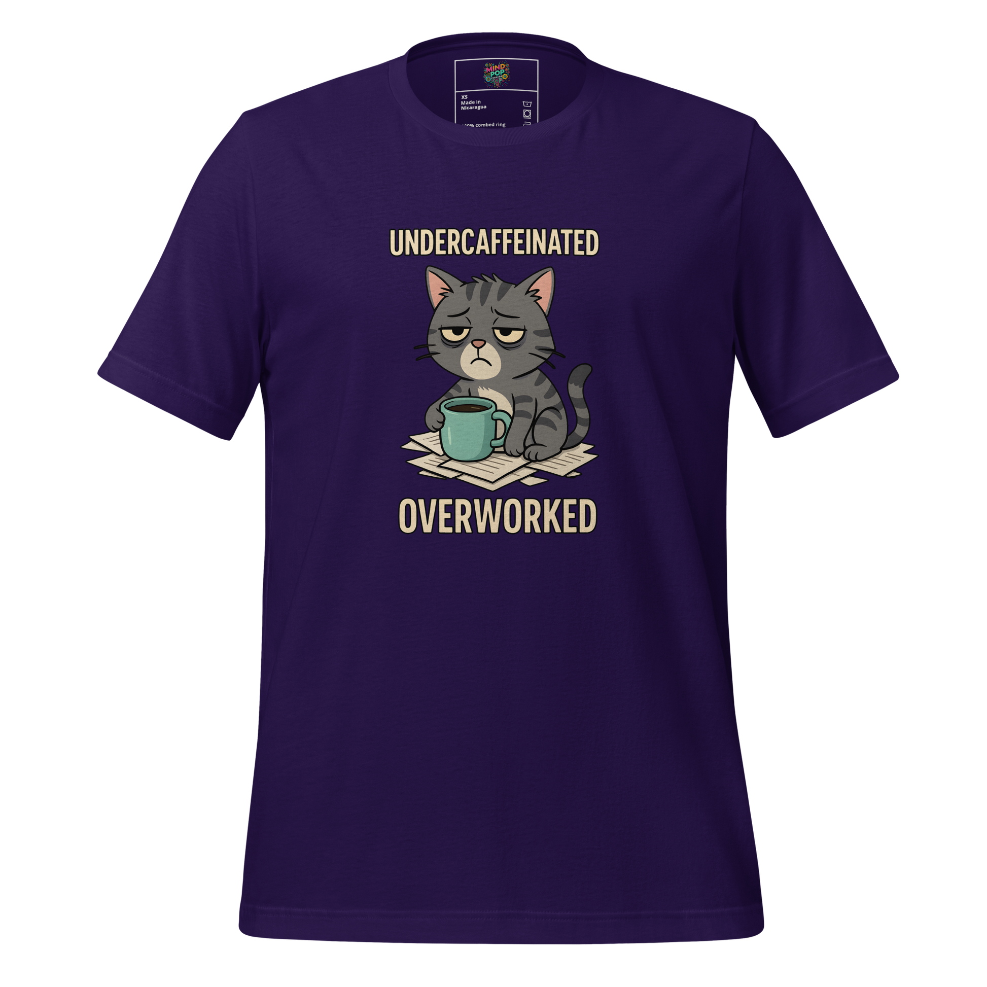 Funny work shirt featuring a slumped cat with droopy eyes and an empty mug, text reads “Undercaffeinated / Overworked” — perfect for tired professionals and office zombies