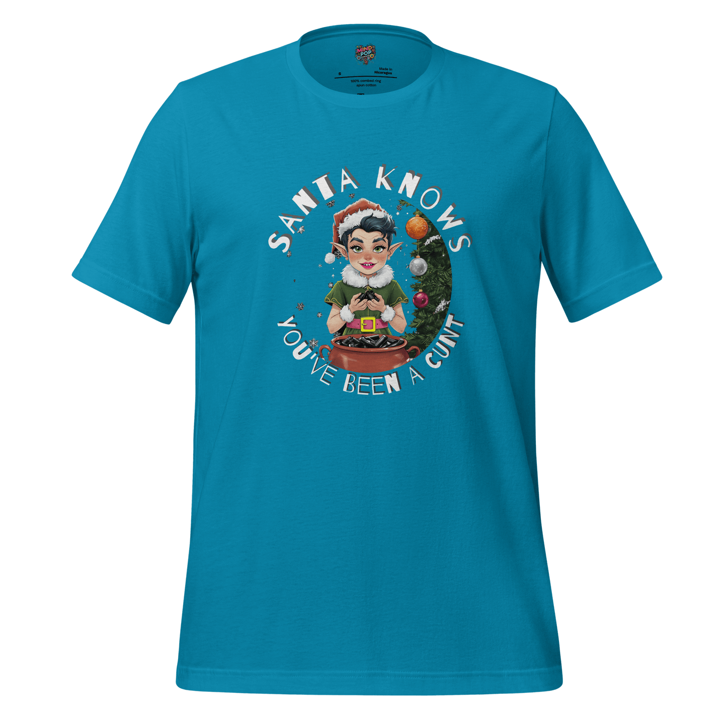 Christmas t-shirt with retro elf graphic and the text ‘Santa Knows You’ve Been a Cunt’