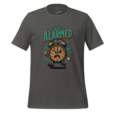 Unisex t-shirt with retro alarm clock graphic and the text ‘I Am Alarmed’ on the front