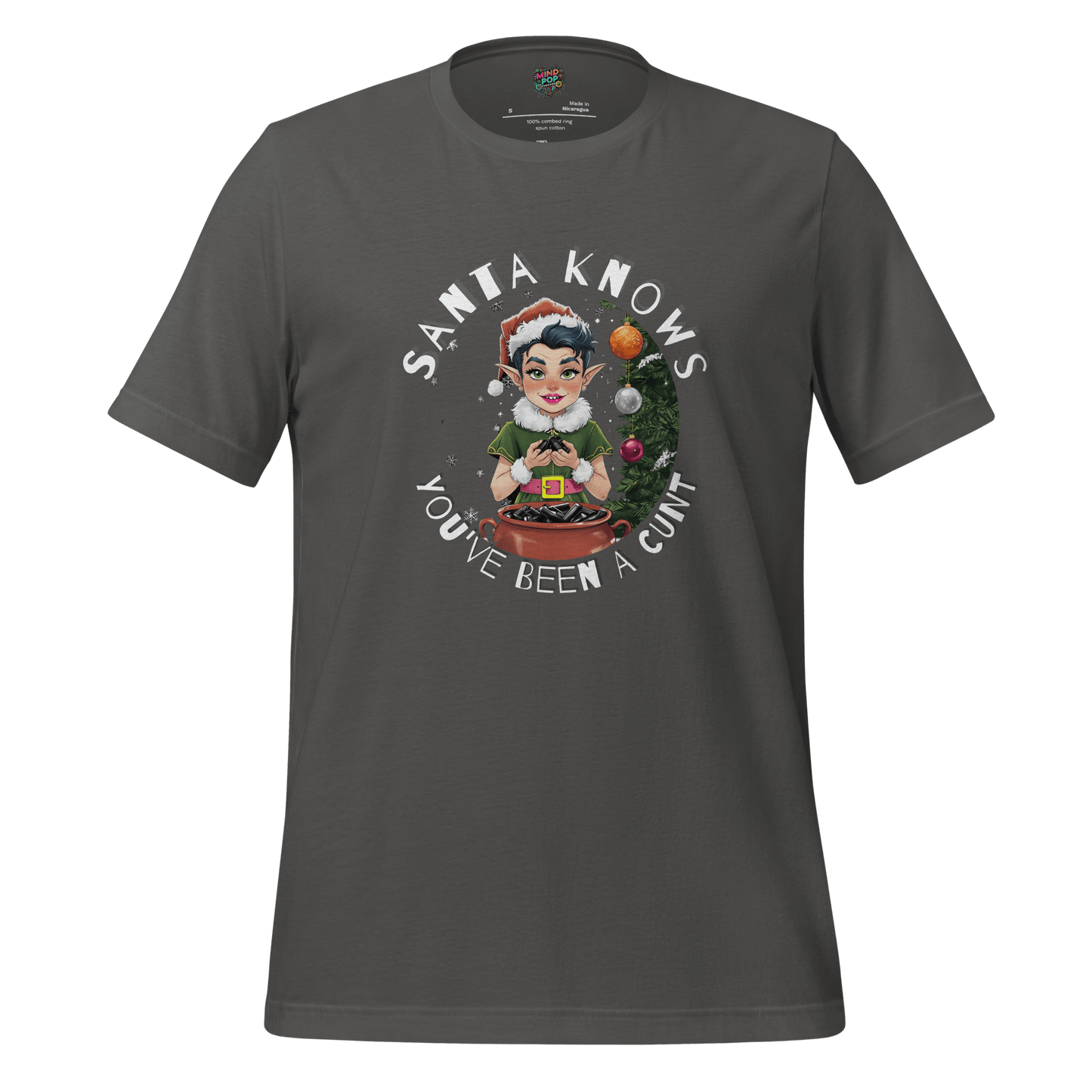 Christmas t-shirt with retro elf graphic and the text ‘Santa Knows You’ve Been a Cunt’