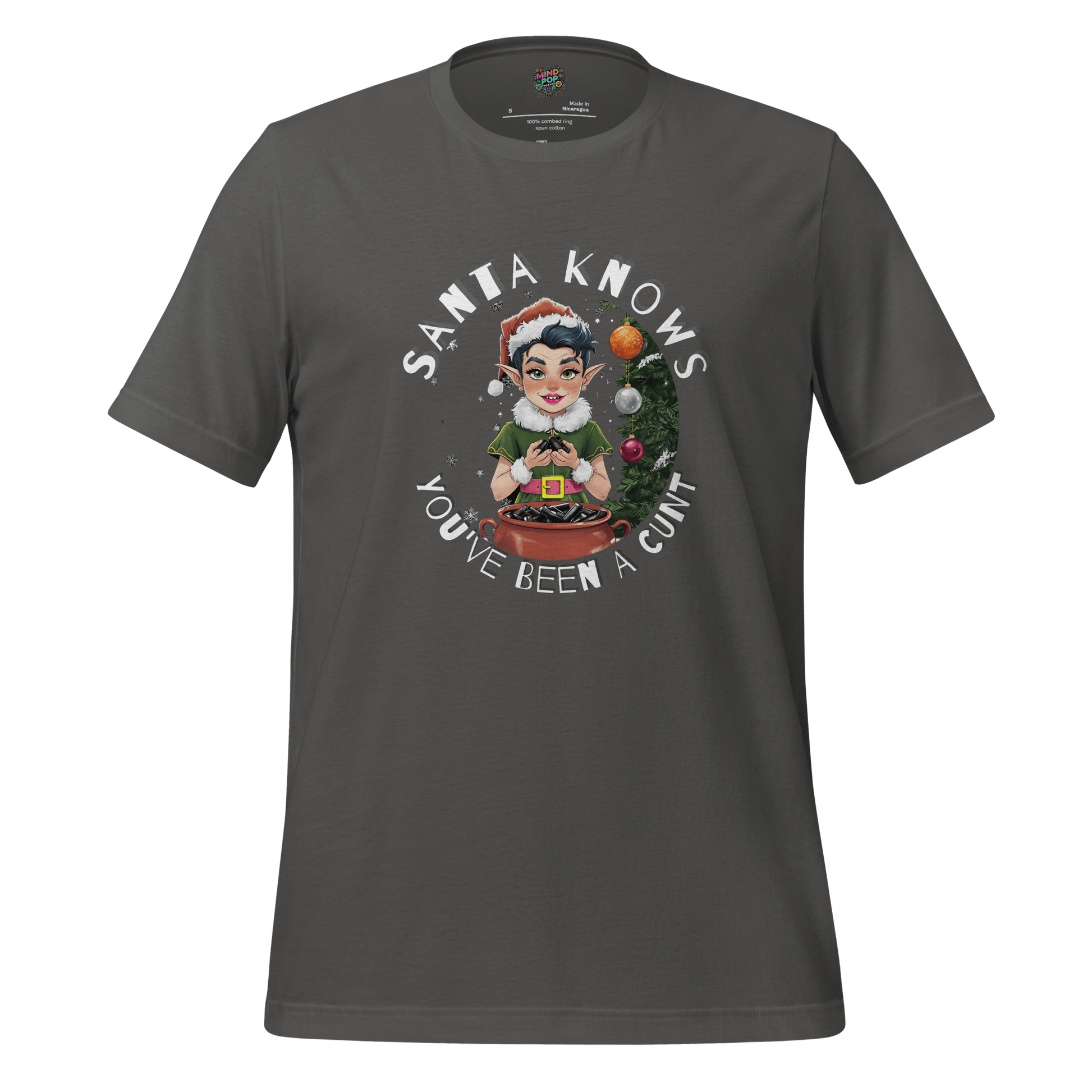 Christmas t-shirt with retro elf graphic and the text ‘Santa Knows You’ve Been a Cunt’