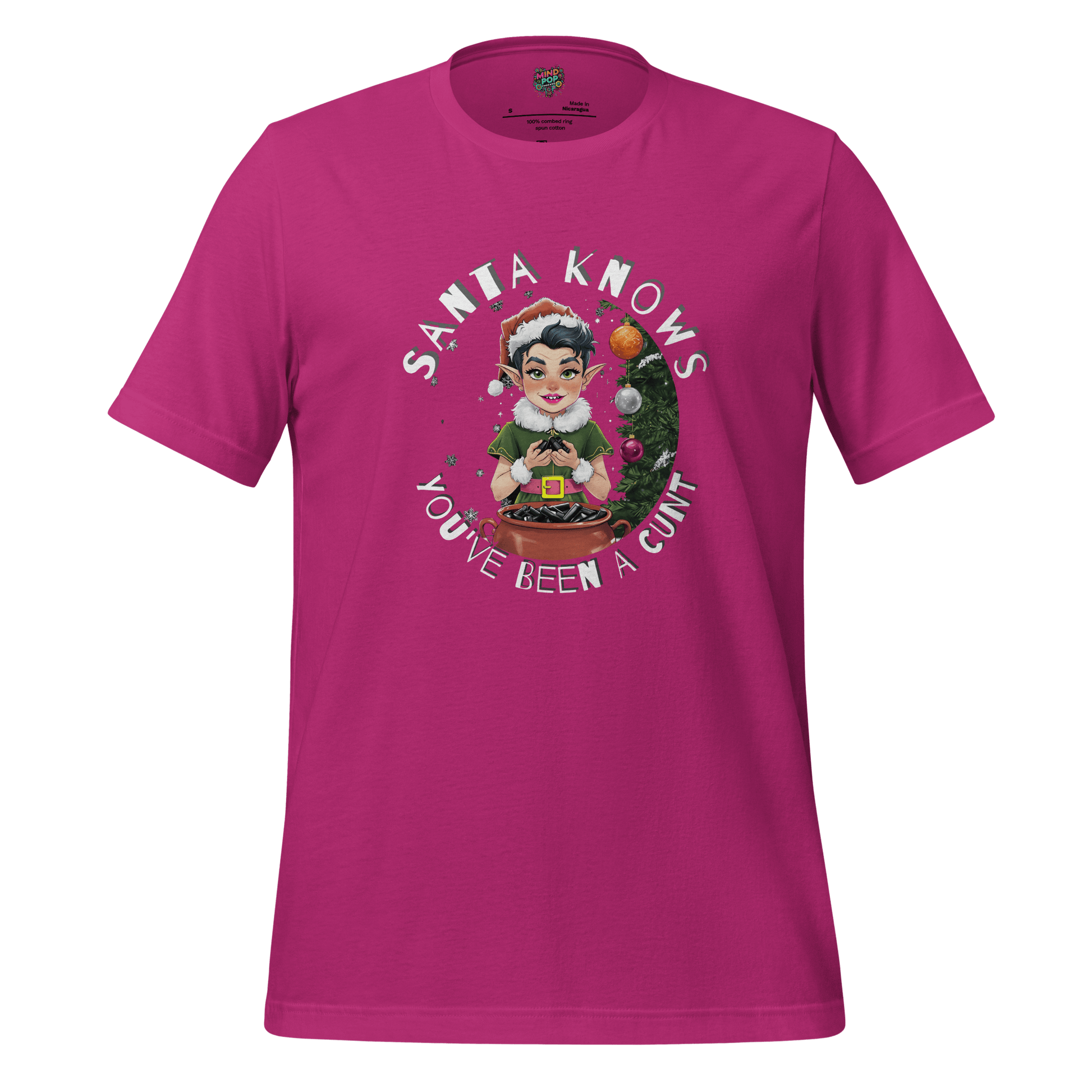 Christmas t-shirt with retro elf graphic and the text ‘Santa Knows You’ve Been a Cunt’