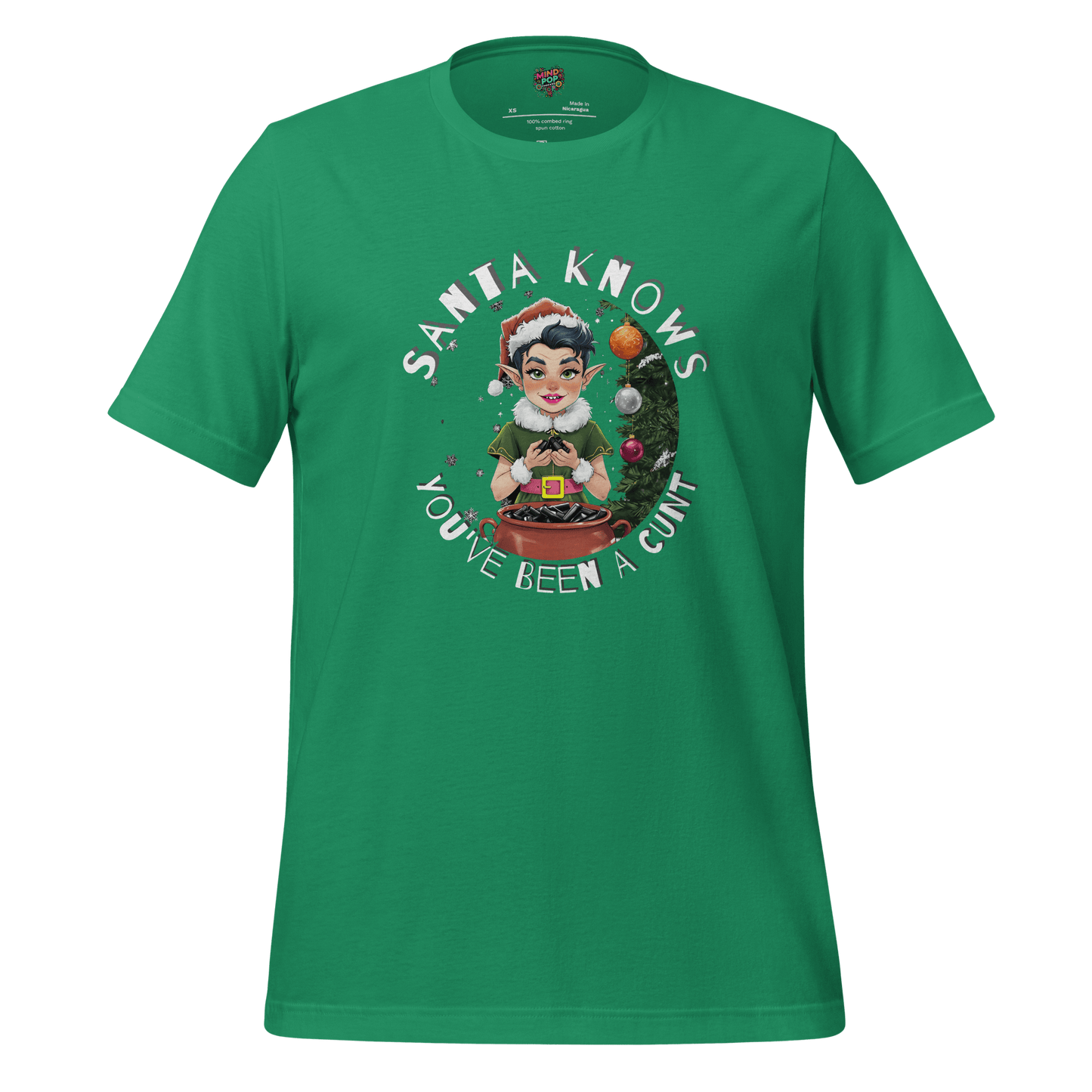Christmas t-shirt with retro elf graphic and the text ‘Santa Knows You’ve Been a Cunt’
