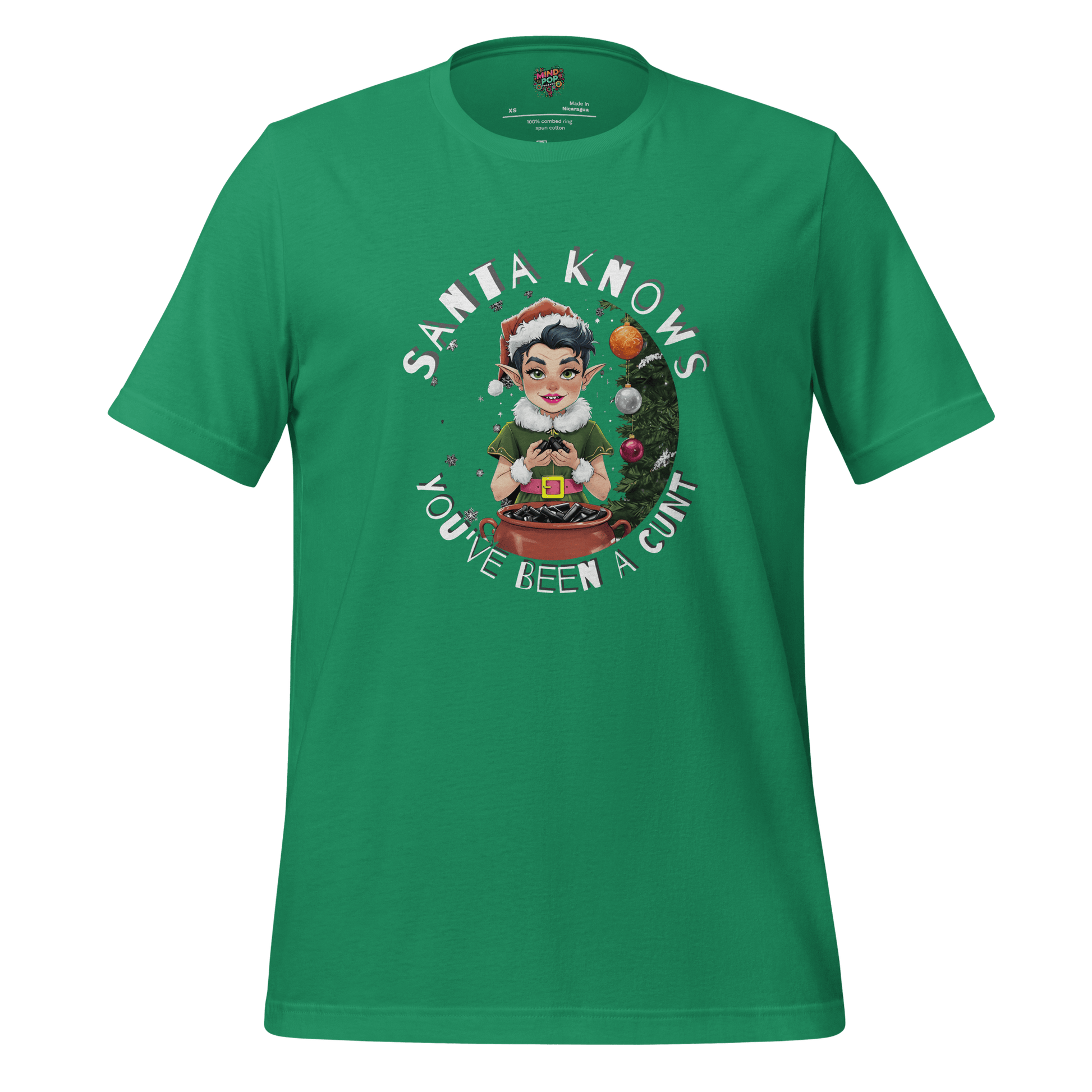Christmas t-shirt with retro elf graphic and the text ‘Santa Knows You’ve Been a Cunt’