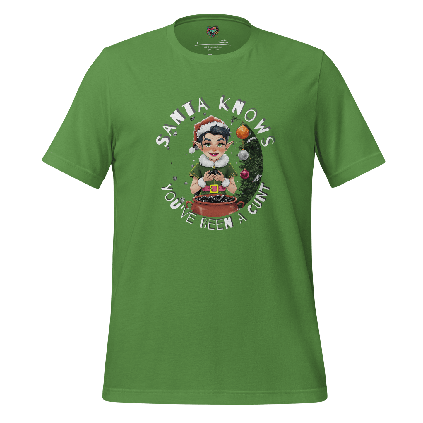 Christmas t-shirt with retro elf graphic and the text ‘Santa Knows You’ve Been a Cunt’