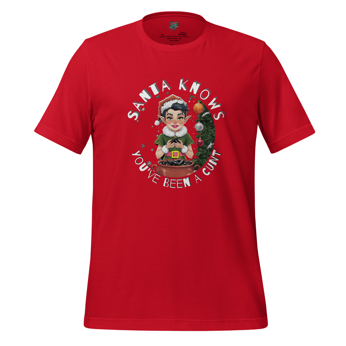 Christmas t-shirt with retro elf graphic and the text ‘Santa Knows You’ve Been a Cunt’
