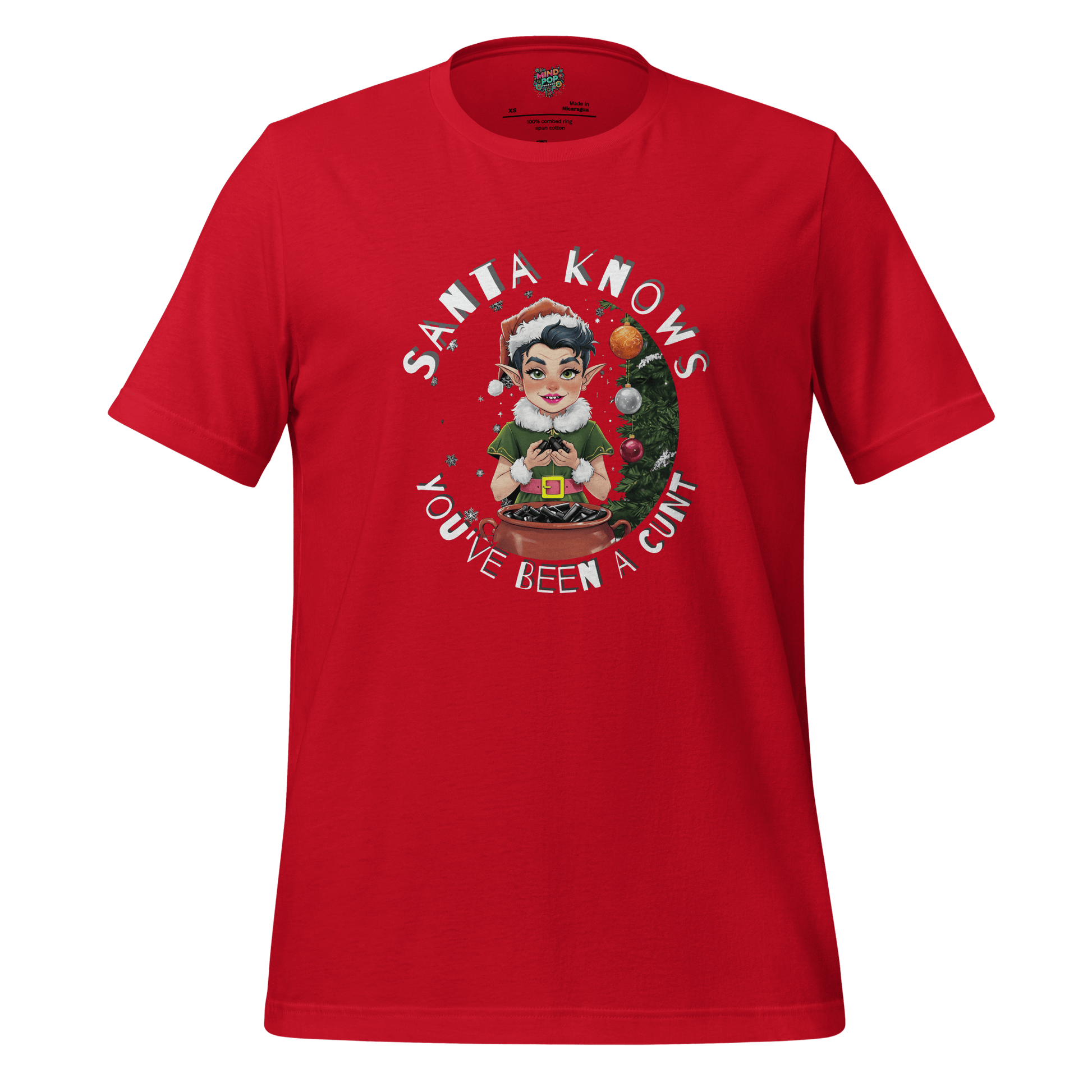 Christmas t-shirt with retro elf graphic and the text ‘Santa Knows You’ve Been a Cunt’