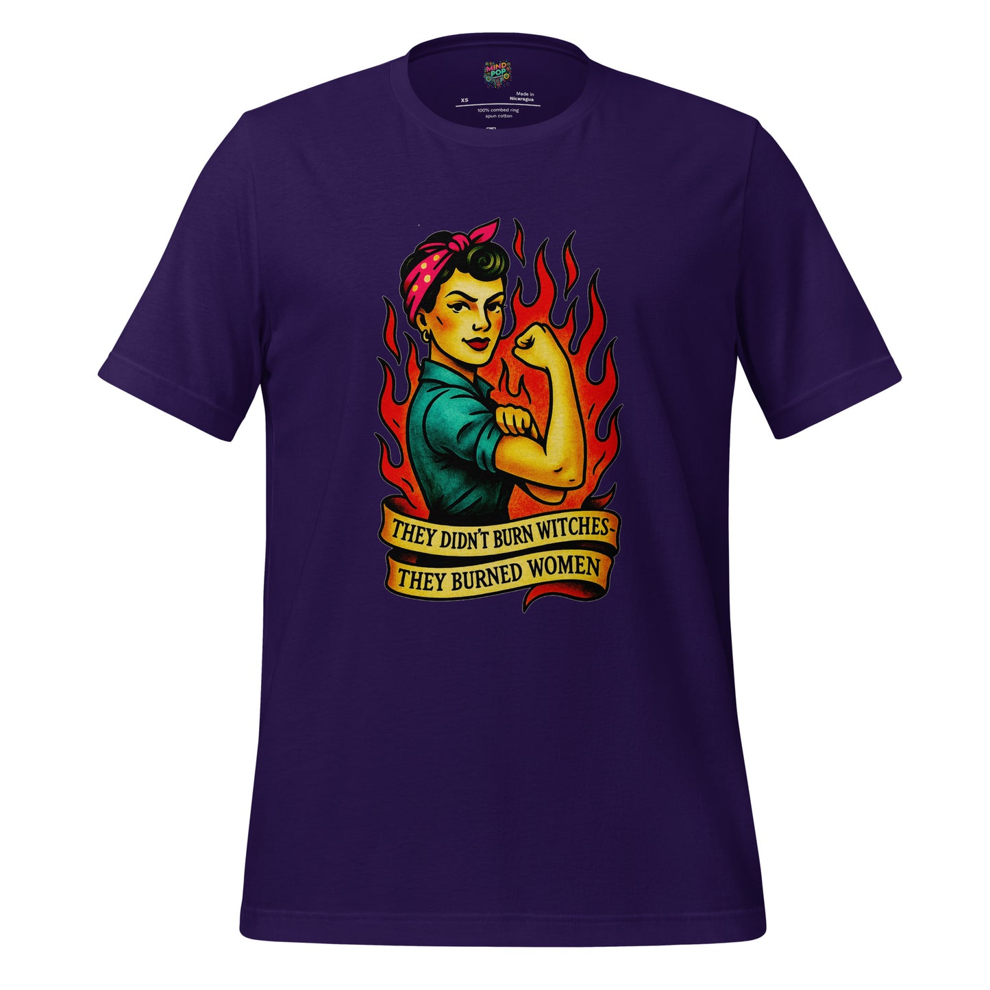 Feminist t-shirt with vintage Rosie-style artwork and the text ‘They Didn’t Burn Witches They Burned Women’ on the front.