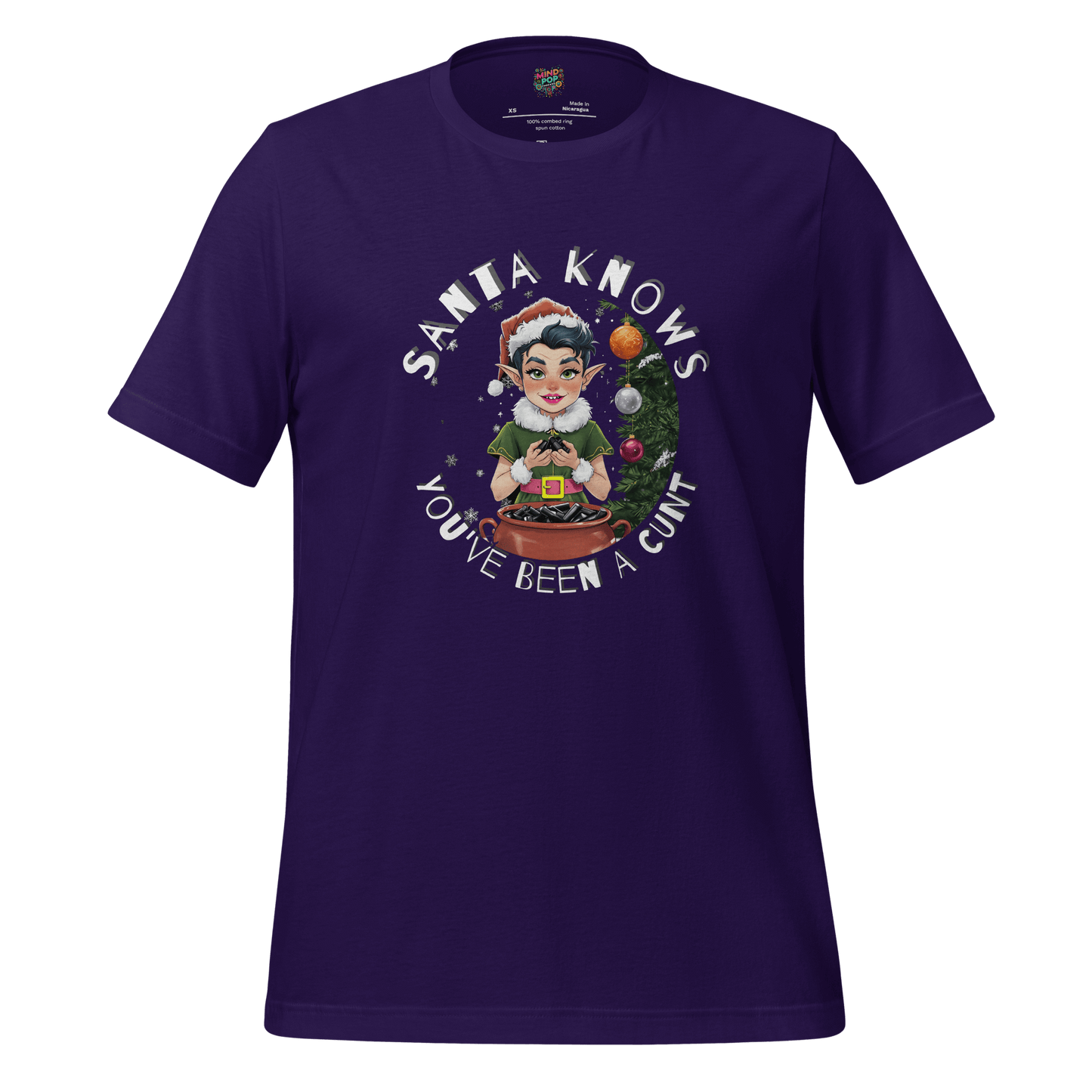 Christmas t-shirt with retro elf graphic and the text ‘Santa Knows You’ve Been a Cunt’
