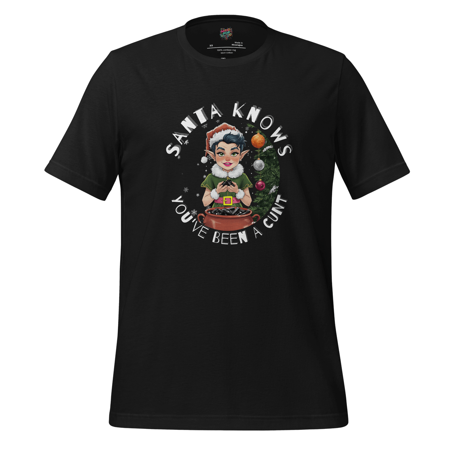 Christmas t-shirt with retro elf graphic and the text ‘Santa Knows You’ve Been a Cunt’