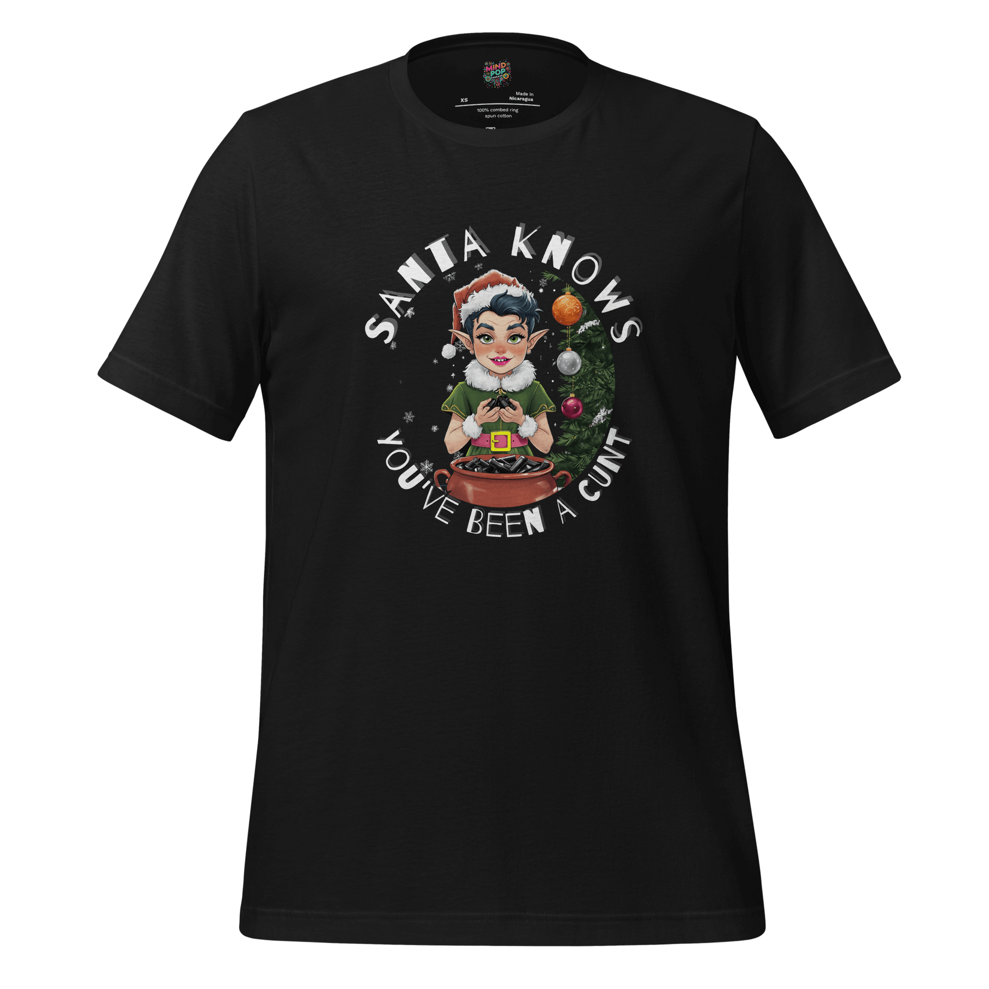 Christmas t-shirt with retro elf graphic and the text ‘Santa Knows You’ve Been a Cunt’