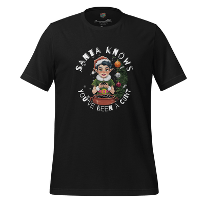 Christmas t-shirt with retro elf graphic and the text ‘Santa Knows You’ve Been a Cunt’