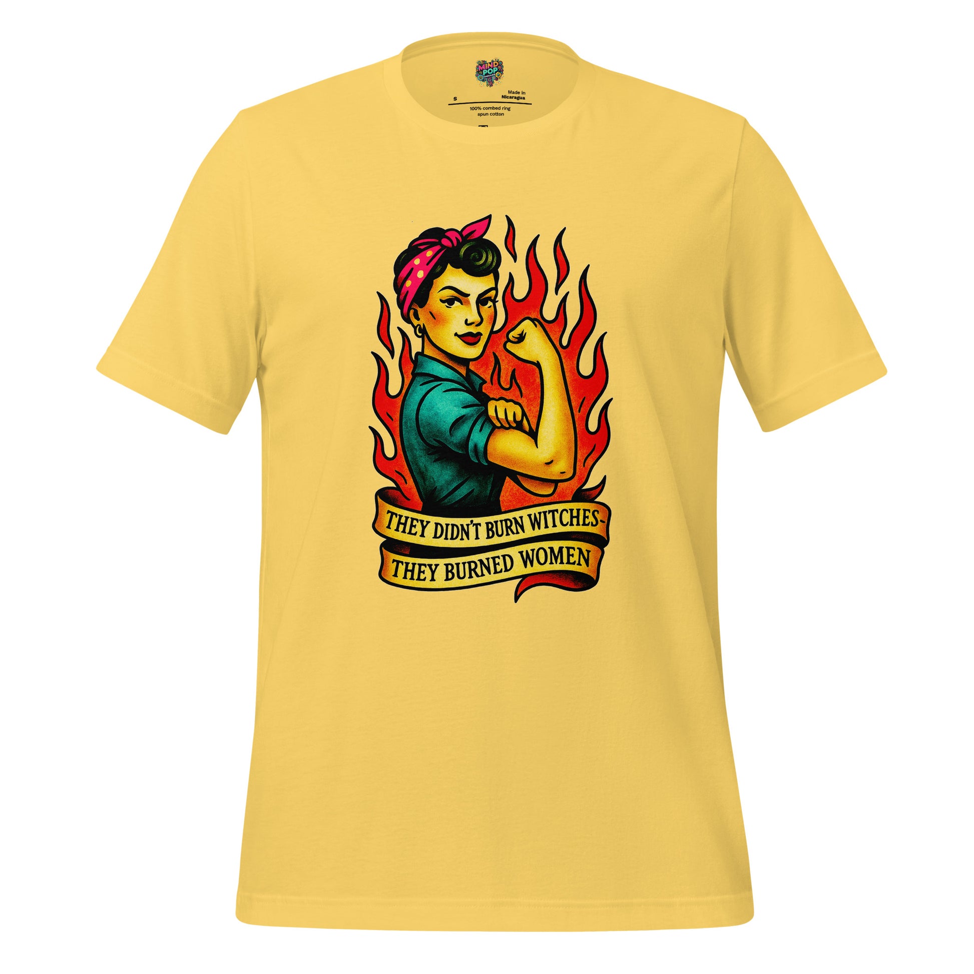 Feminist t-shirt with vintage Rosie-style artwork and the text ‘They Didn’t Burn Witches They Burned Women’ on the front.