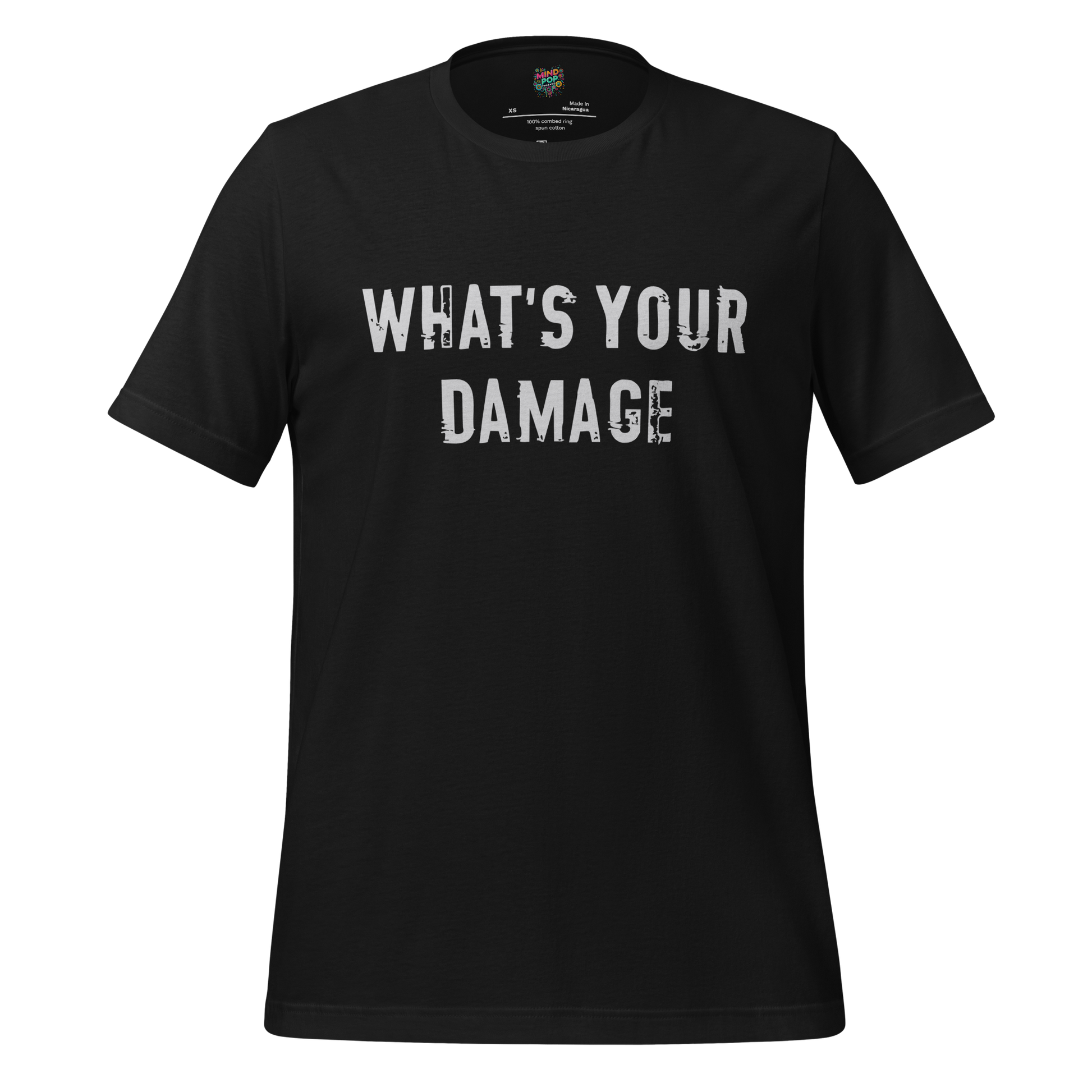 Bold text-only design reading “What’s Your Damage” — sarcastic phrase with vintage teen movie attitude

