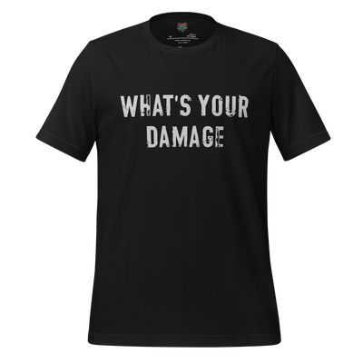 Bold text-only design reading “What’s Your Damage” — sarcastic phrase with vintage teen movie attitude
