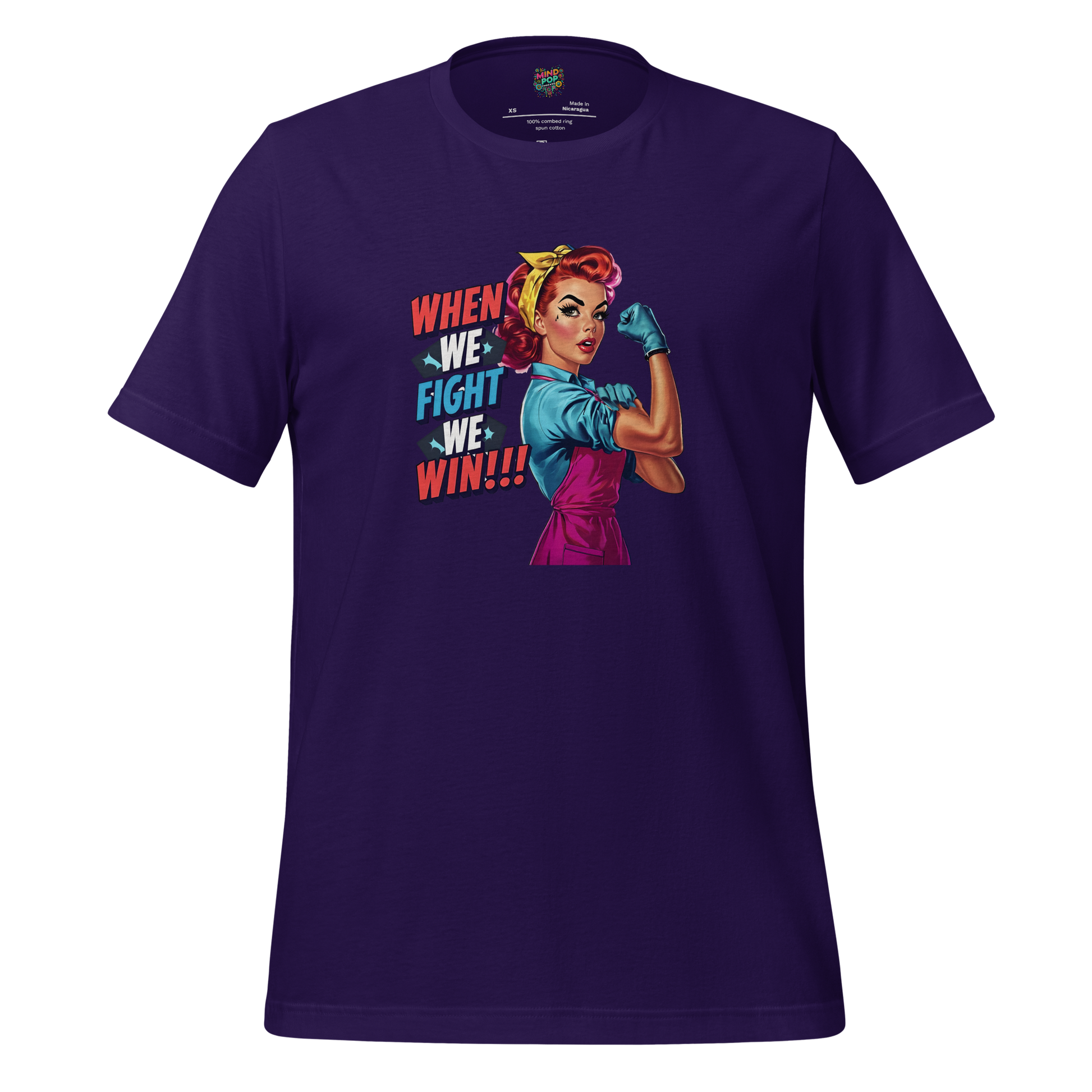 Retro-style feminist graphic with bold text “When We Fight, We Win” — Rosie-inspired empowerment design for modern rebellion and resistance