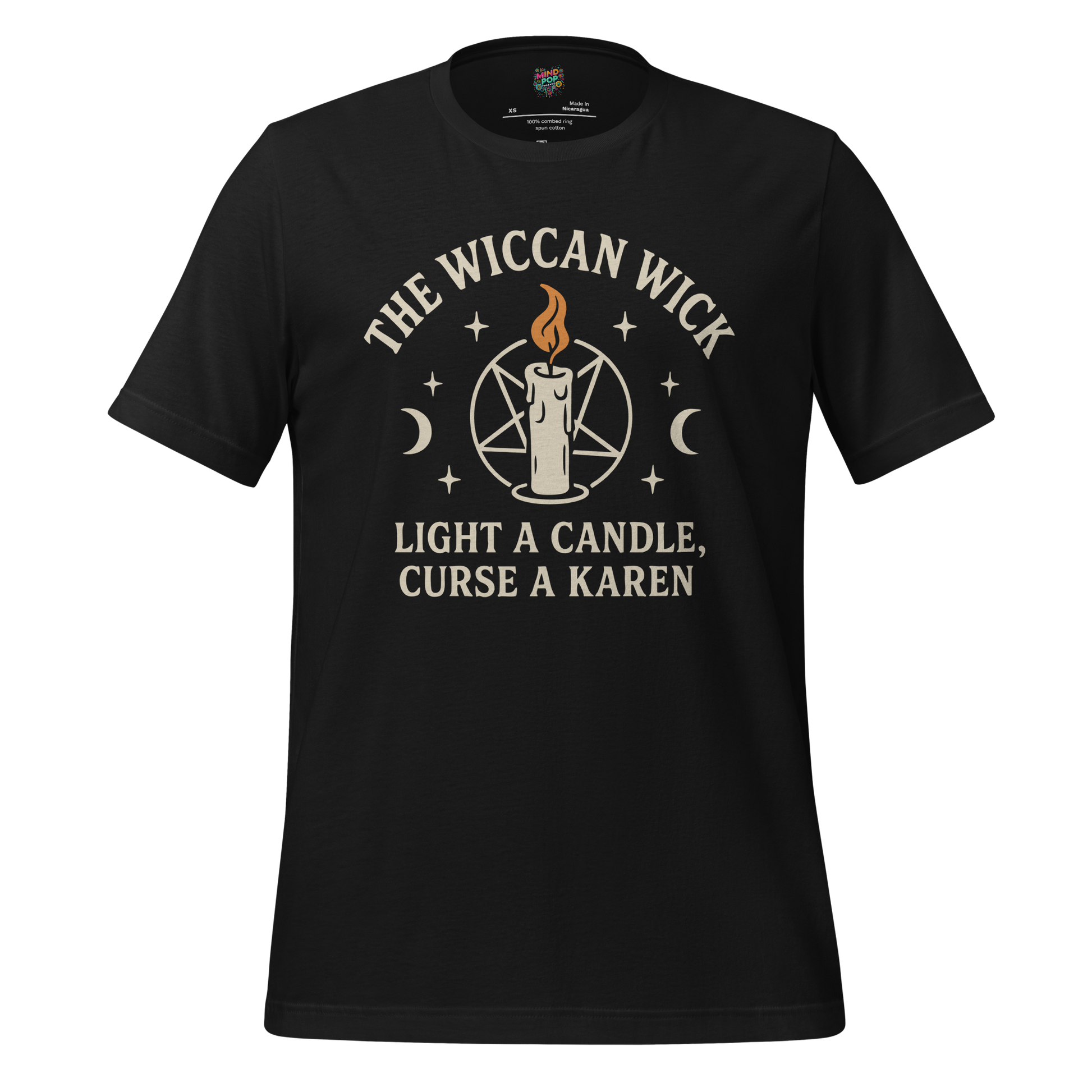 Funny witchy shirt with candle-themed cult design and the phrase “The Wiccan Wick – Light It Up and Manifest the Vibe” — perfect for chaotic spiritualists and coven comedy fans