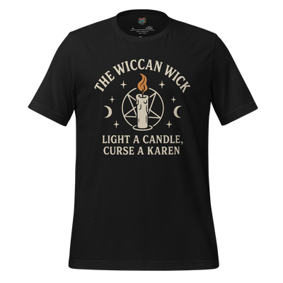 Funny witchy shirt with candle-themed cult design and the phrase “The Wiccan Wick – Light It Up and Manifest the Vibe” — perfect for chaotic spiritualists and coven comedy fans