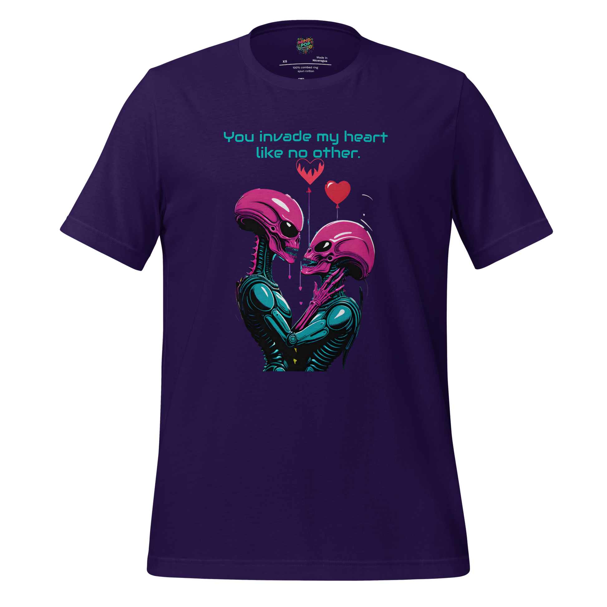 Cute cartoon alien with hearts and the phrase “You Invade My Heart Like No Other” — funny sci-fi Valentine shirt for extraterrestrial lovers
