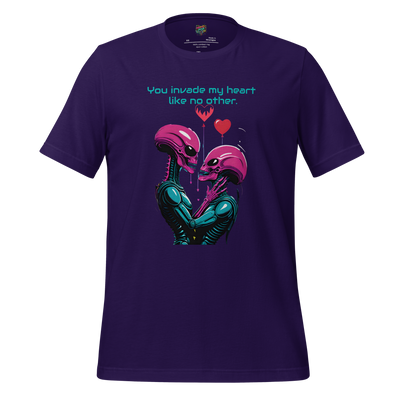 Cute cartoon alien with hearts and the phrase “You Invade My Heart Like No Other” — funny sci-fi Valentine shirt for extraterrestrial lovers